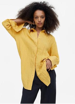 Желтая удлиненная женская рубашка, рубашка туника, жатка на пуговицах, ткань жатка, h&amp;m