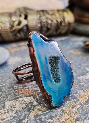 🔺💙🩵💍 кільце у вінтажному стилі натуральний камінь блакитний агат друза жеода