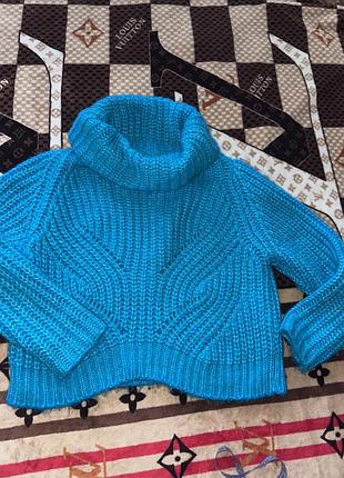 Блакитний укорочений светр із горлом , вʼязаний світер , укорочений