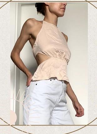 Персиковий топ на шию без рукавів атлас сатин на шию баска гола спина класика блуза бохо oldmoney zara