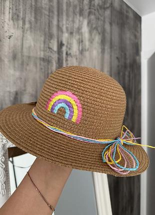 Дитячий соломʼяний капелюх для дівчинки пляжний капелюх з веселкою дитячий капелюх 52см