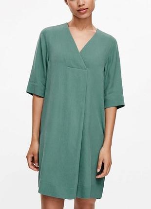 Платье женское cos, s, зеленая, мини, капрон, короткая, треугольный, вырез, декольте, трех четвертный рукав, прямая, свободная, широкая