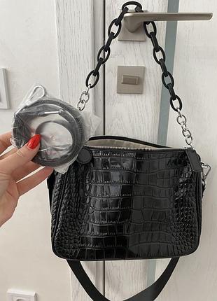 Чёрная лаковая кожаная сумка на 3 разных ручках miraton