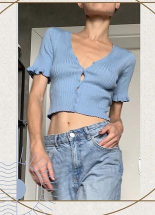 Блакитний вʼязаний кардиган кофта короткий рукав волан рюші светр ґудзики y2k oldmoney jaded