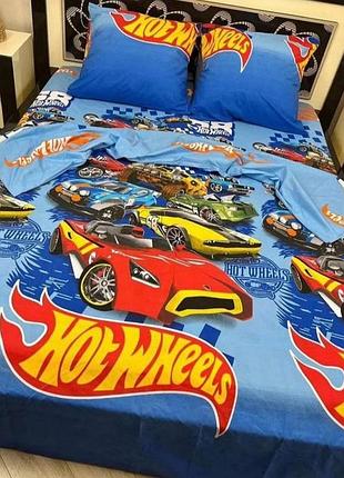 Детская постель хот вилс. полуторный комплект  белья hot wheels. gold lux. бязь, коттон, синий (d)