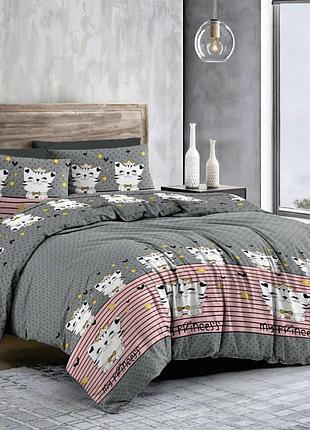Двуспальный комплект постельного белья котики gold lux бязь, коттон, серая (d)