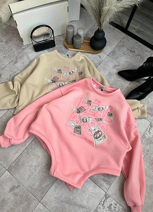 Свитшот женский 42-46р. трехнитка на флисе бежевый и розовый