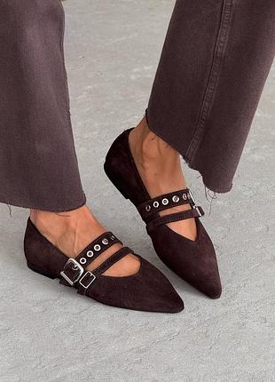 Женские балетки с ремешками с острым носком натуральная замша коричневые шоколадные 1809