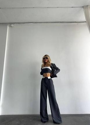 Брючный костюм тройка топ бандо пиджак жакет штаны брюки высокая посадка палаццо на молнии официальный деловой