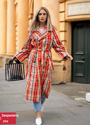 Длинный хлопковый тренч оверсайз в клетку с поясом