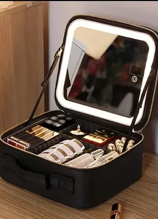 Чорна дорожня косметичка-валіза з led дзеркалом чорна