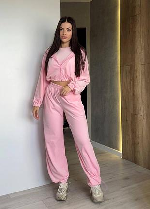 Розовый велюровый спортивный костюм тройка с топом
