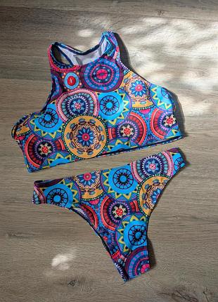 Новый цветной купальник с мандалами, яркий, с топом, размер l