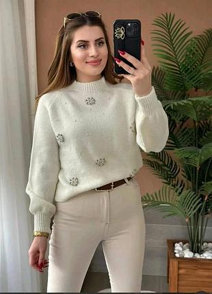 3 кольори👌 турецкий мягкий теплый мирер свитер с бусинами жемчужинами под горло