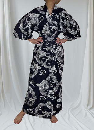 Винтажное хлопковое японское кимано в драконах, халат хаори юката