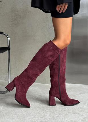 Сапоги на утяжеленном каблуке, бургунди, натуральная замша, деми/зима