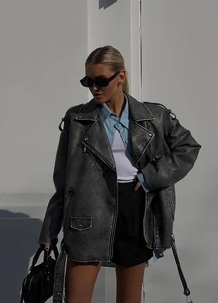 Сіра козака оверсайз довга сіра косуха шкірянка оверсайз шкіряна куртка оверсайз подовжена шкірянка