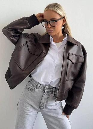 Коричневий бомбер еко шкіра бомбер оверсайз бомбер еко шкіра