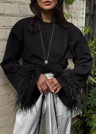 Женский нежный черный изысканный лонгслив розовая кофта с перьями one size