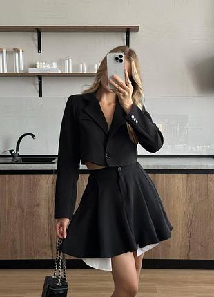 Брючный костюм комплект двойка пиджак юбка в цветах шоколадный коричневый черный