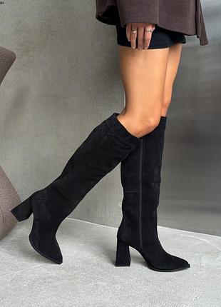 Сапоги на утяжеленном каблуке, черный, натуральная замша, деми/зима