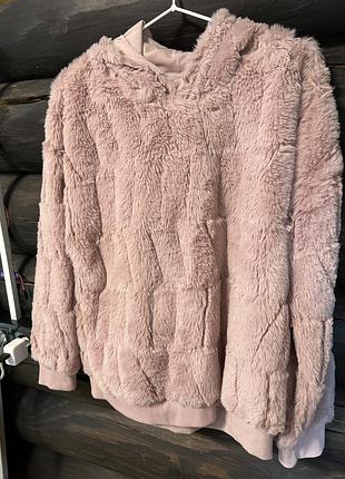 Тепла мʼякенька кофта з капюшоном time to dream зі штучного хутра ніжно рожевого кольору, з манжетами, розмір м