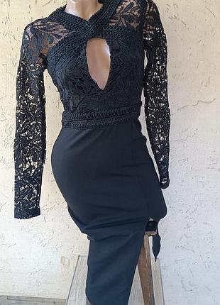 Чорна вечірня сукня з розрізом та мережевом, черное платье с разрезом вечернее