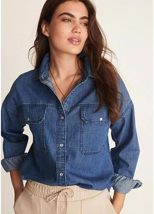Актуальная удлиненная джинсовая рубашка оверсайз на кнопках р.16-18