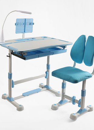 Парта детская со стульчиком s-71400 цвет синий, регулируемая высота и наклон, с лампой, в коробке