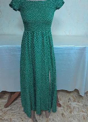 Сарафан платье платье в пол макси зеленая в горох разрез на ноге талия на резинке