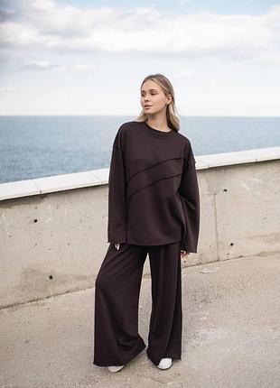 ❗️ не кошлатиться ❗️ жіночий спортивний костюм кофта та широкі штани оверсайз осінь весна шоколадний бежевий сірий