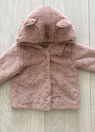 Пухнаста рожева кофта next baby з капюшоном і вушками на 3-6 місяців, зріст 62 см.