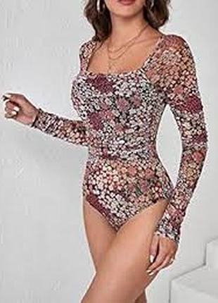 Боди-блузка, бодик, блузка, блузка сетка в мелкий цветок квардартный вырез.