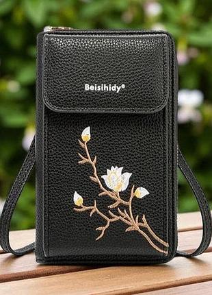 Женская мини сумочка с цветами вышивка для телефона, маленькая сумка кошелек на плечо с цветочками черный
