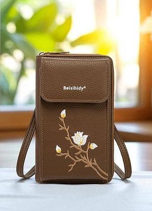 Женская мини сумочка с цветами вышивка для телефона, маленькая сумка кошелек на плечо с цветочками коричневый