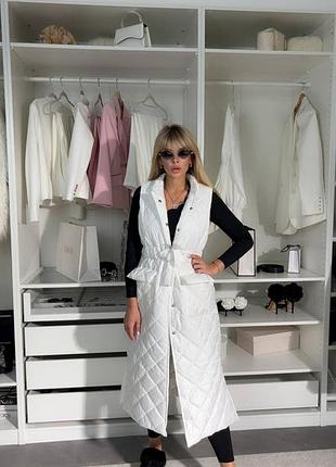 Штучний лебединий пух ❄️💙 жіночий стьобаний жилет, довга жилетка з поясом кишеня на кнопках, жіночий жилет оверсайз