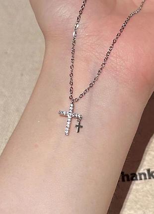 Подвеска крестик кристаллы серебристая цепочка с крестиками двойной кулон крест на цепочке