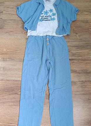Костюм тройка футболка брюки рубашка муслин лето прост для девочки