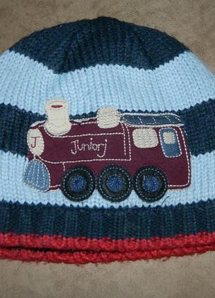 Шапка дитяча синя з блакитною смужкою та паровозиком на малюка 12