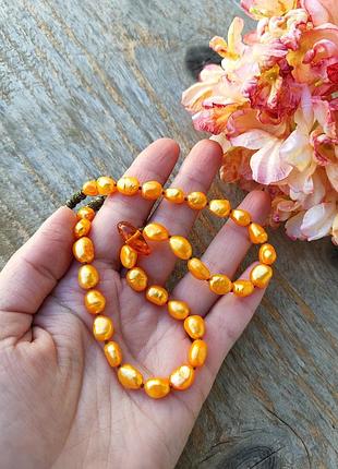 Авторское ожерелье ручной работы | медовое солнце| (янтарь, жемчуг) яркого желтого/помаранчового/золотого цвета