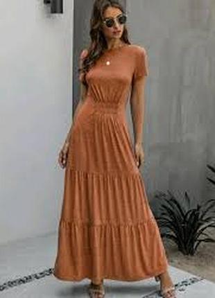Длинное тонкое трикотажное летнее платье кирпичного цвета, платье с ярусной юбкой