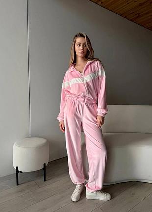 Жіночий рожевий плюшевий велюровий костюм | кофта та штани | 363