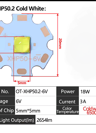 Яркие светодиоды xhp50.2 на 6в мощностью 18 вт/ 6500к/ 20мм