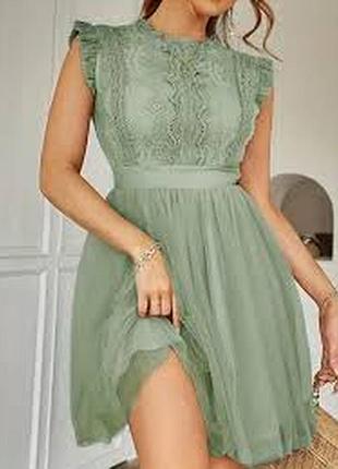 Женское новое нарядное кружевное летнее нежное оливковое платье пышная юбка фатин сетка кружево