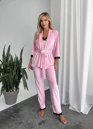 Жіночий велюровий домашній костюм трійка | кофта на запах, майка та штани | 1677