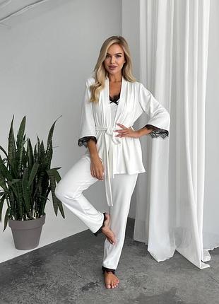 Женский велюровый домашний костюм тройка с кружевом | кофта на запах, майка и брюки | 1677