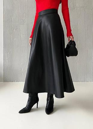 Распродажа 🏷 кожаная юбка миди на высокой талии пышная