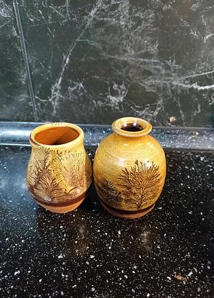 Винтажная керамическая ваза с дендритным мохаварским декором, декорированная скользящим узором