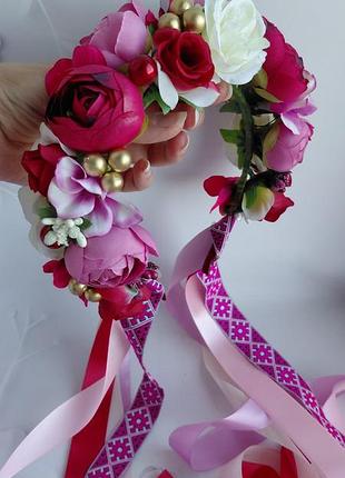 Украинский веночек бордово-розовый, с лентами