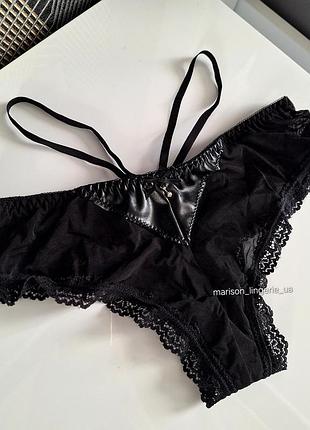 Прозрачные трусики бразилианы из экокожи, трусики с кожей, трусы сеточка со стрепами